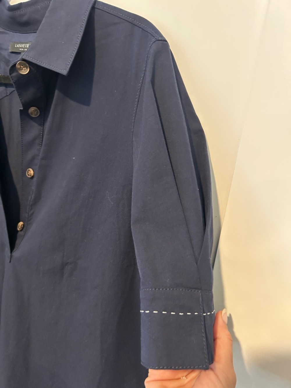 Lafayette 148 New York Navy Short-Sleeve Polo Dress white stitching on sleeve - Picture 3 of 9